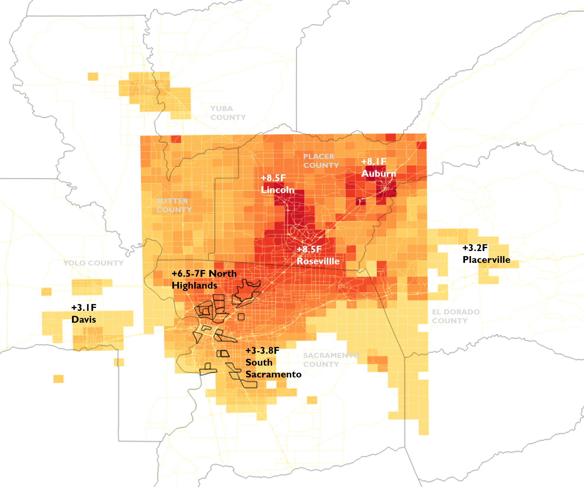 Map of regional urban heat island impacts
