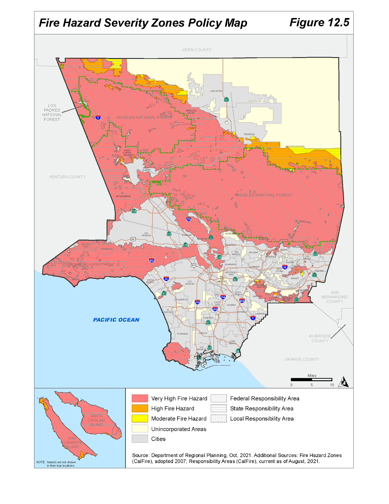 Map highlighting very high, high, and moderate fire hazard severity zones within Los Angeles County.