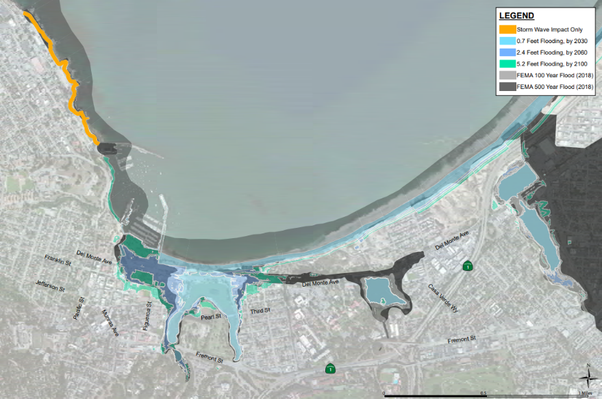 An image showing flood projections along Monterey Bay.