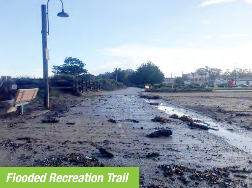 A picture of a flooded recreation trail in Monterey County.