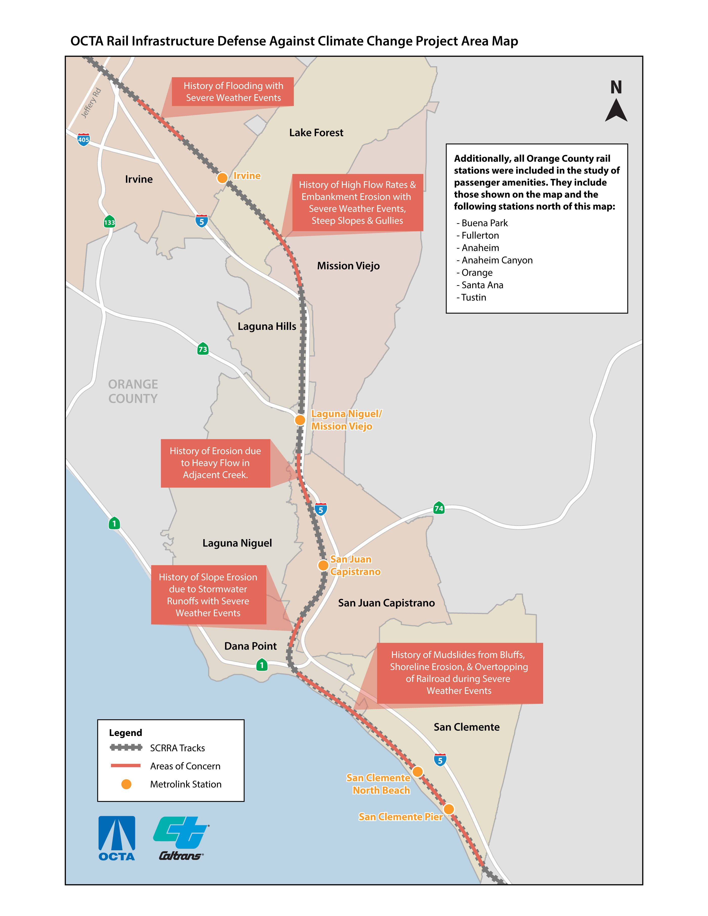 Map of the project area, showing areas of historical funding, rail lines, highways, and jurisdictional boundaries