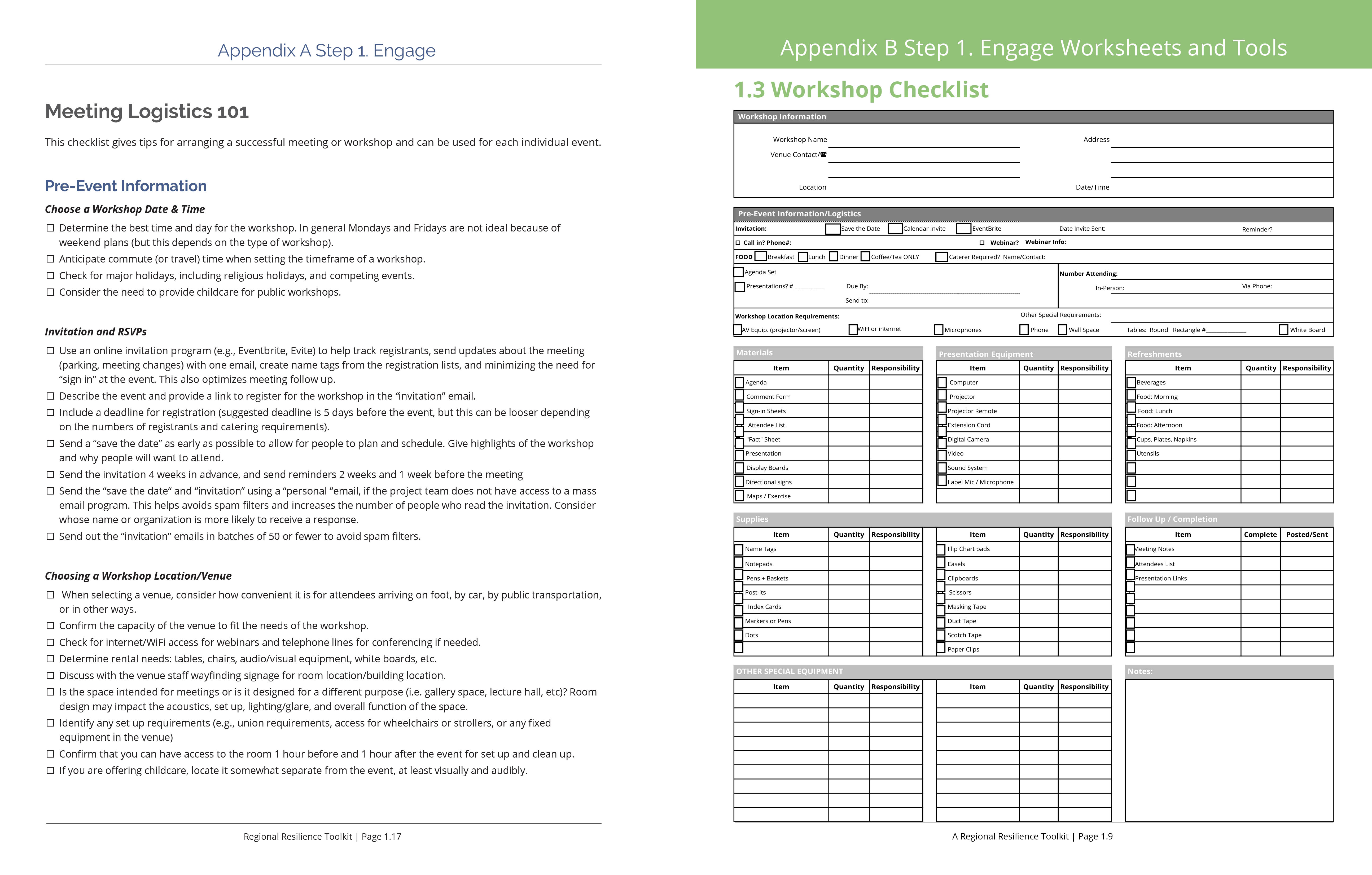 Figure 13 Example Templates and Worksheet from the Regional Resilience Toolkit